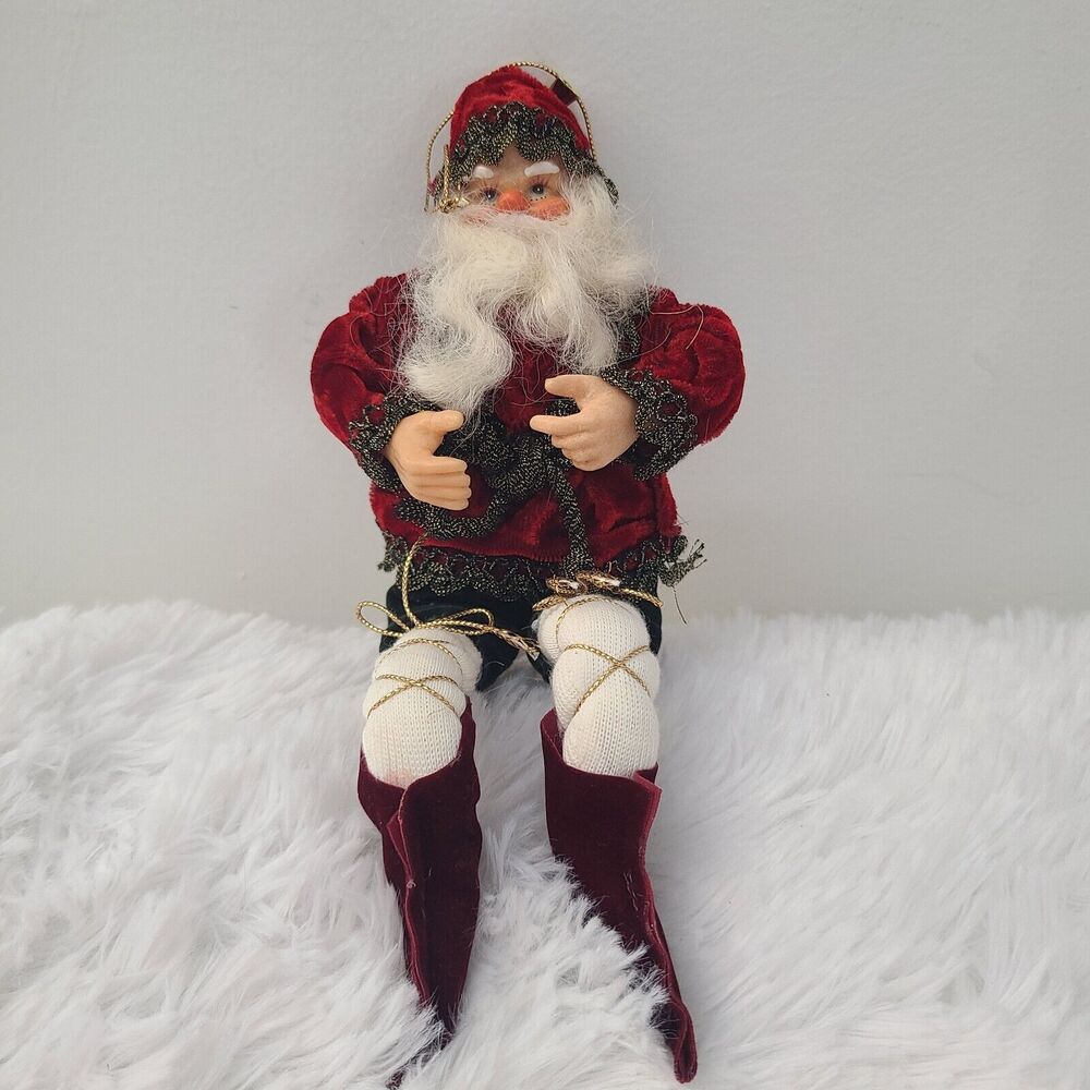 Vtg Shelf Sitter Santa Claus Bendable Christmas Ornament Velvet Old World 10"